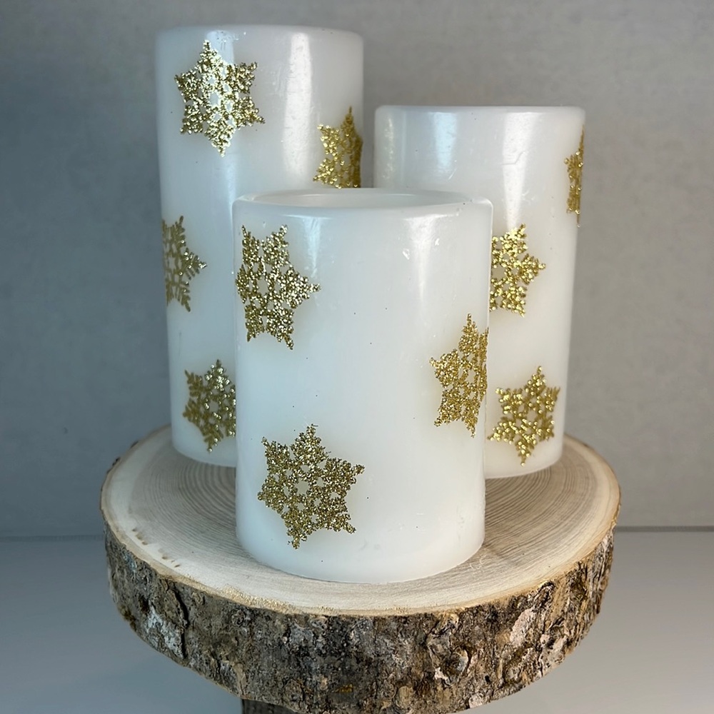 Set of 3 White/Gold Snowflakes Unmatched Flameless Candles With Remote